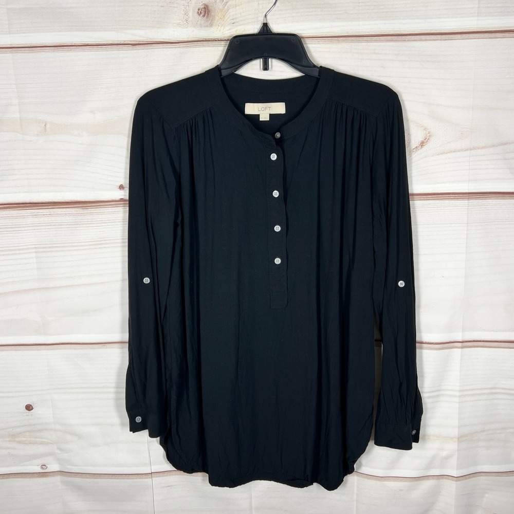 LOFT Top‎ Womens Medium Black 1/2 Button Shirt Woven Tab Sleeve Solid Pullover